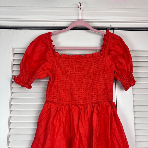 Boden Smocked Bodice Puff Sleeve Linen Mini Dress Bright Papaya US 8 - Picture 5 of 8